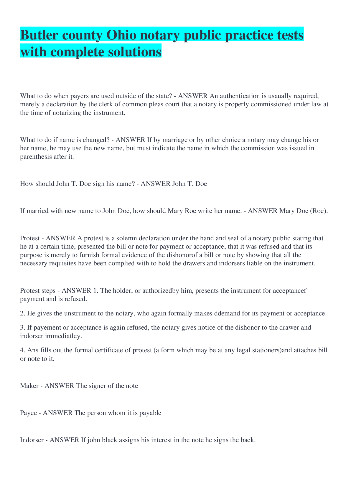 Preview of Butler county Ohio notary public practice tests with complete solutions